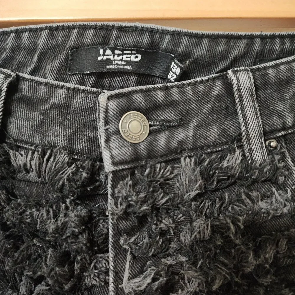 Jaded London Black Distressed Shredded Straight Leg Denim Jeans Size 30 31